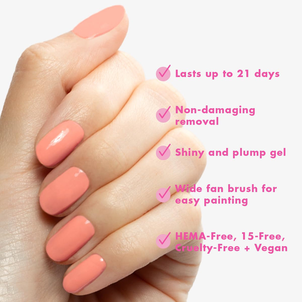 Olive & June CS Coral pedicure toes illustrating chip-resistant color and gloss