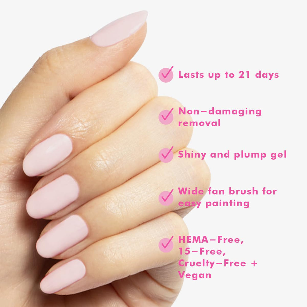 Olive & June manicured hand with GH Baby Pink showing salon finish