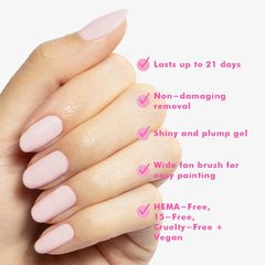 Olive & June manicured hand with GH Baby Pink showing salon finish