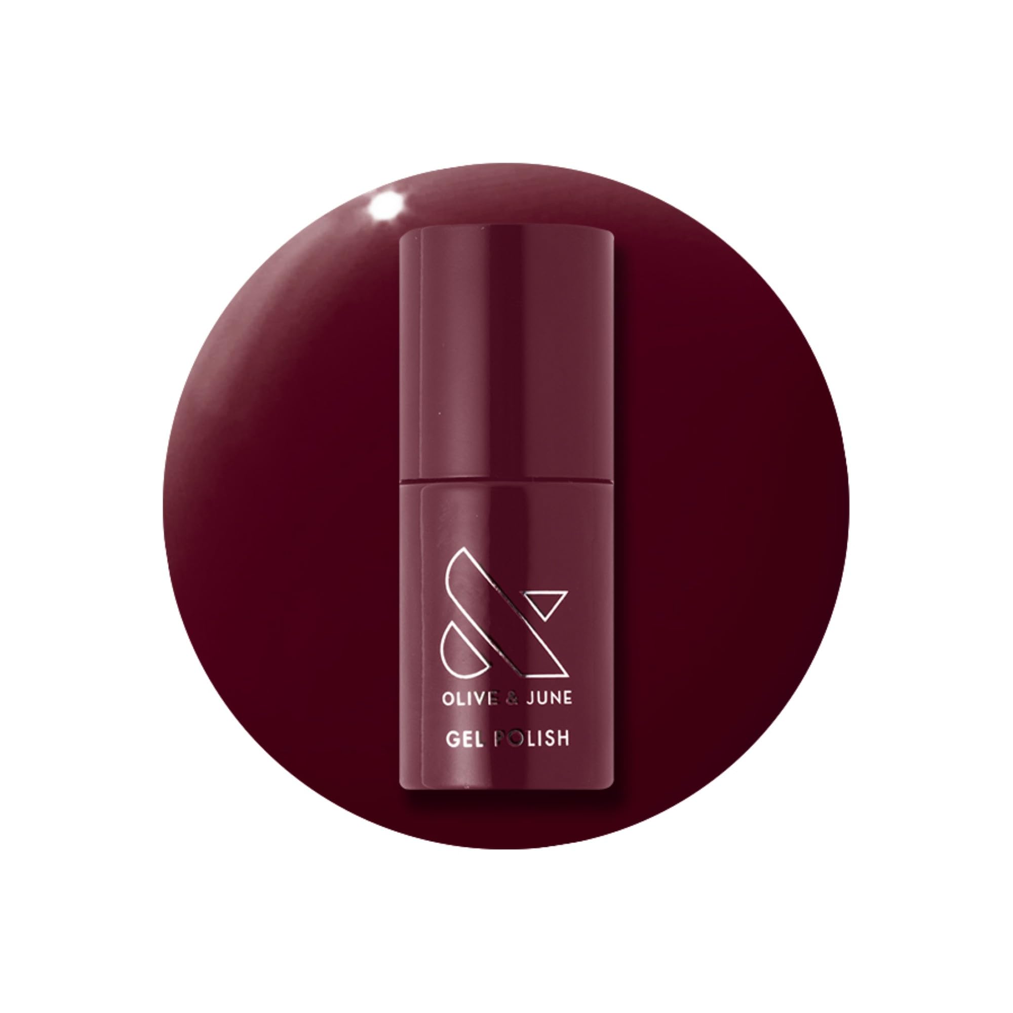 Olive & June bottle front view showing Obsessed Dark Ruby and glossy finish