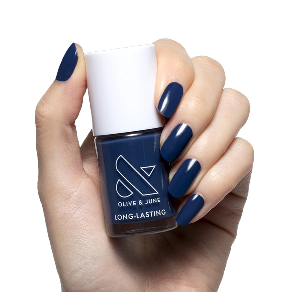 Olive & June front bottle view showing Ack, a shark Navy and glossy finish