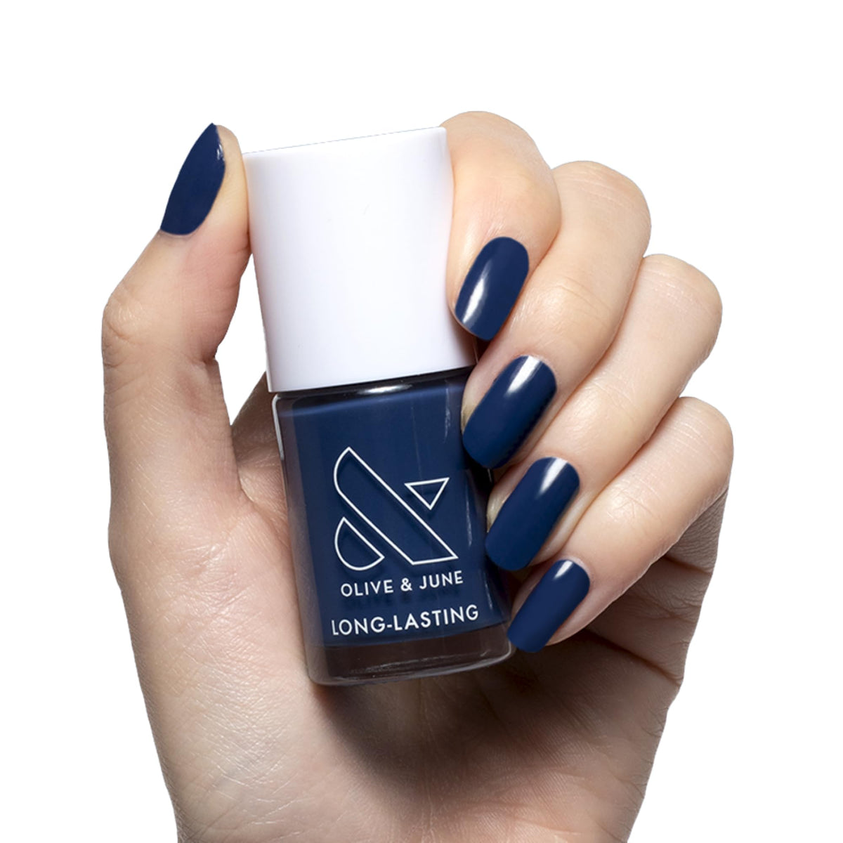Olive & June front bottle view showing Ack, a shark Navy and glossy finish