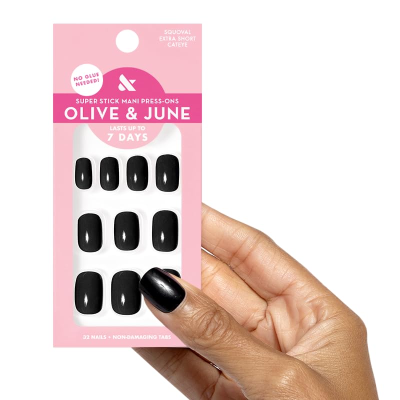 Olive & June front packaging showing cateye black press-ons and benefits