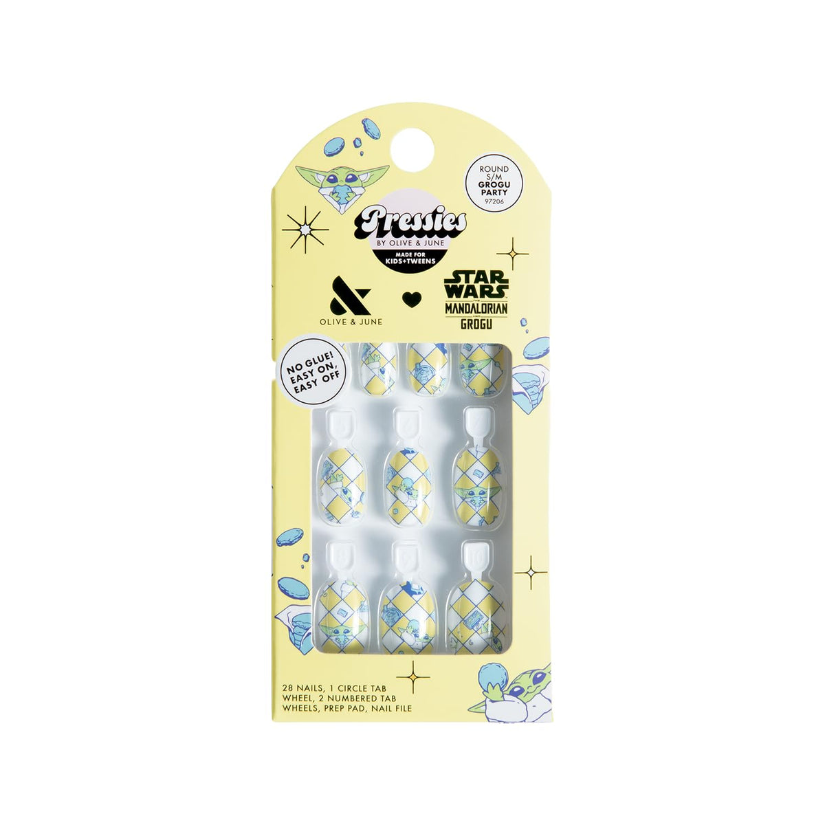 Olive & June front packaging showing Grogu design and easy on-off benefit