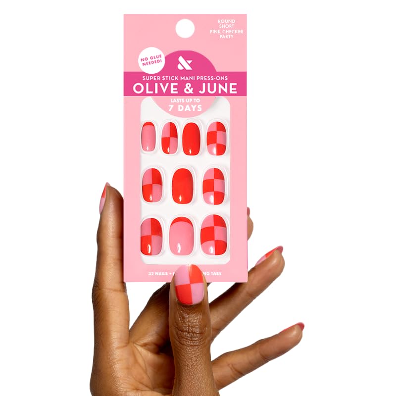 Olive & June front packaging showing pink checker party design and included tools, promoting convenience