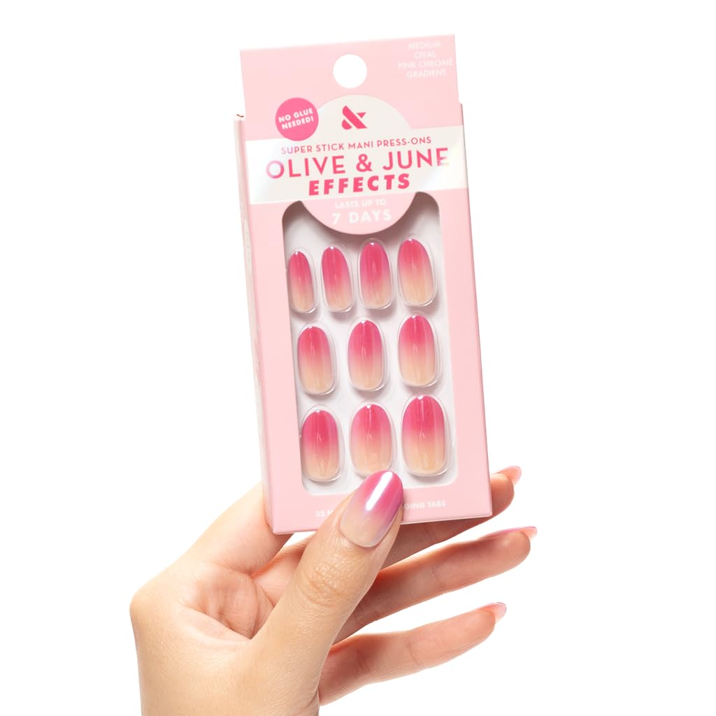 Olive & June front packaging displaying pink chrome gradient and kit contents for convenience
