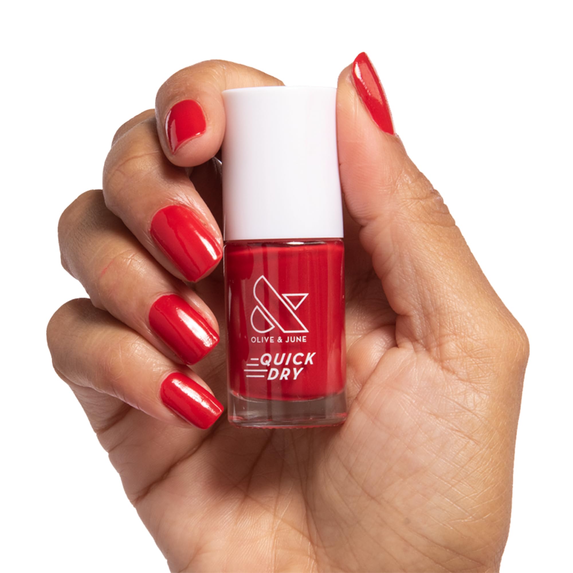 Olive & June front packaging showing Smooch Scarlet Red, fast drying benefit