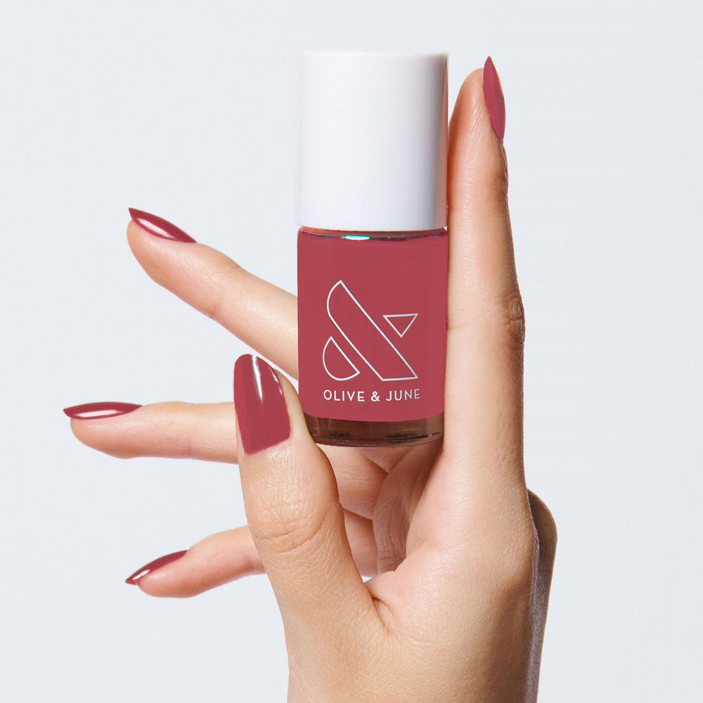 Olive & June front packaging showing bottle and rosy neutral shade for easy choice