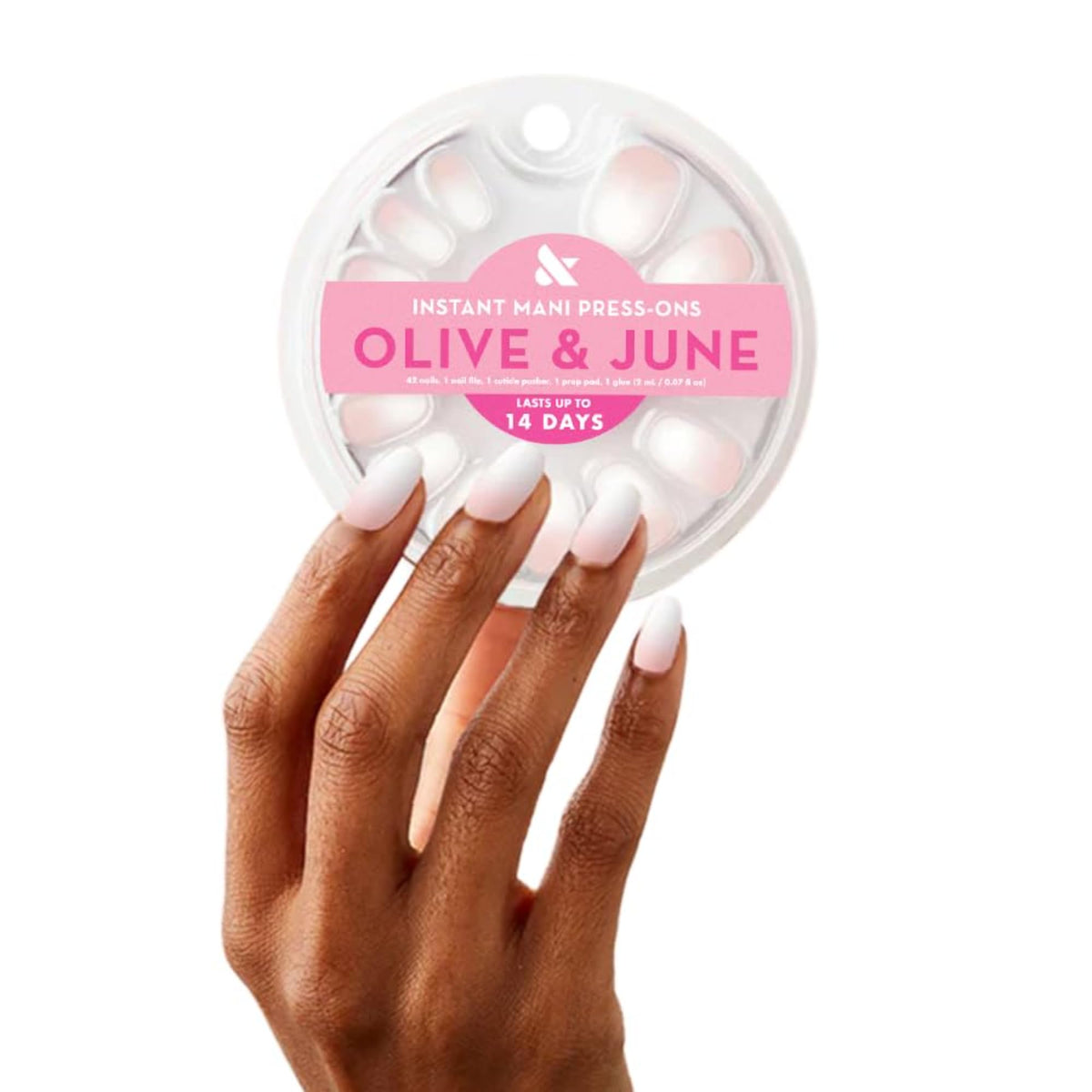 Olive & June front packaging showing nails and tools for a salon-quality at-home mani