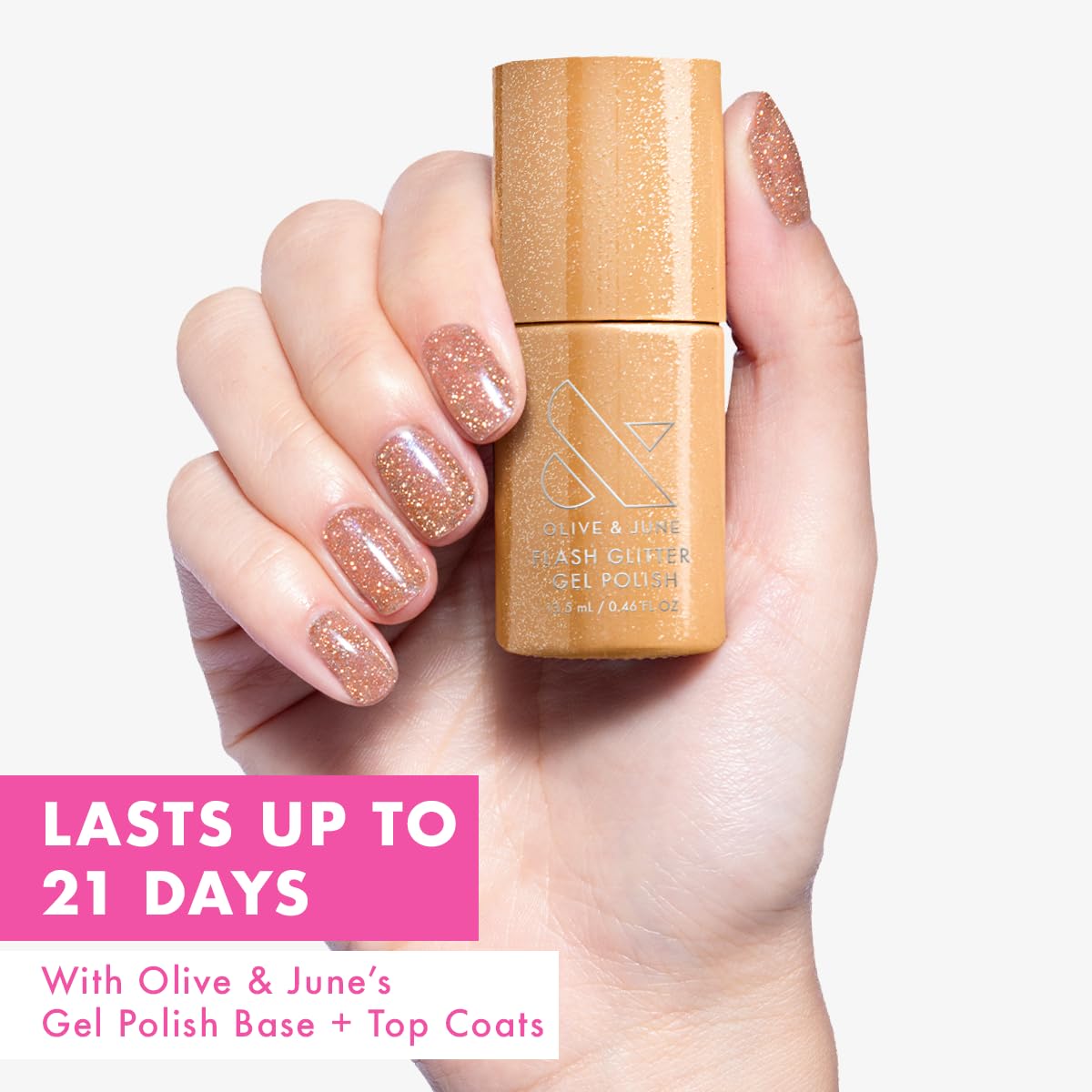 Olive & June brush stroke of Pop Fizz showing glitter texture and smooth coverage