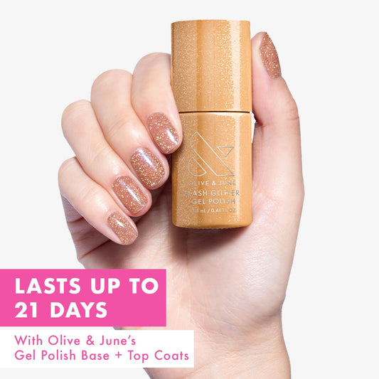 Olive & June brush stroke of Pop Fizz showing glitter texture and smooth coverage