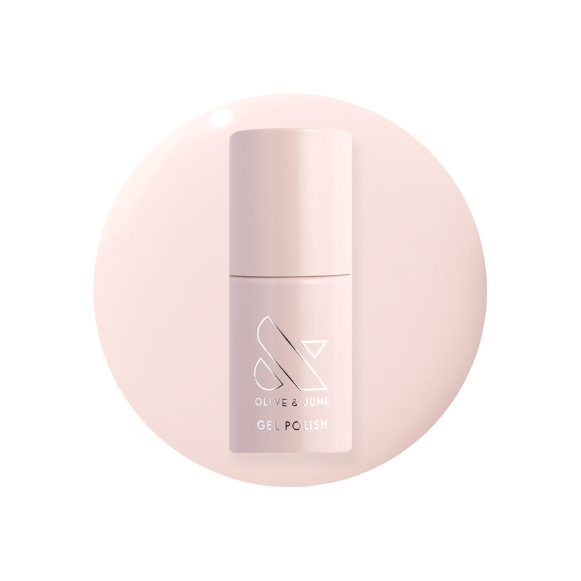 Olive & June bottle front showing GH Baby Pink and glossy finish benefits