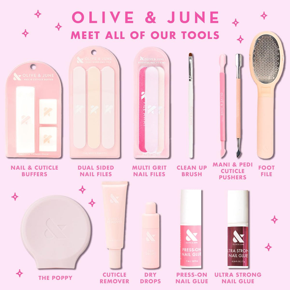 Olive & June glue in use applying press-on nails for reliable hold