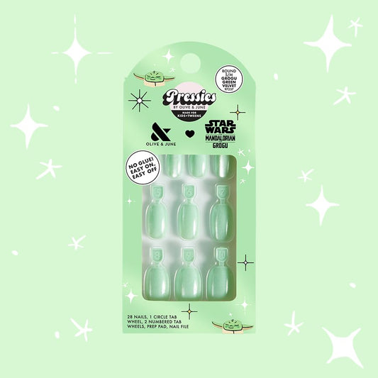 Olive & June Grogu Green Velvet nail close-up highlighting color and texture