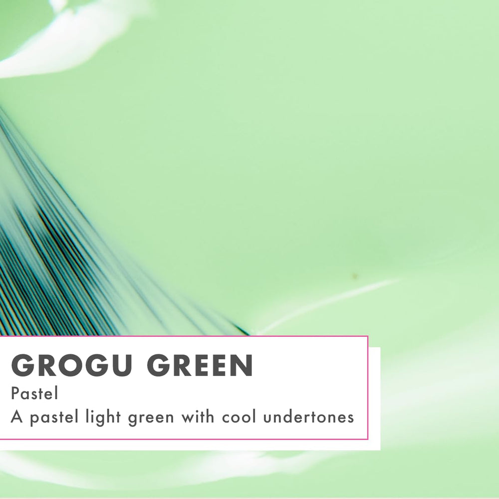 Olive & June swatch on hand displaying even Grogu Green color payoff