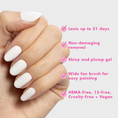 Olive & June manicured fingernails in HD Crisp White showing lasting shine benefit