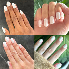 Olive & June textured polish swipe illustrating glossy, plump finish benefit