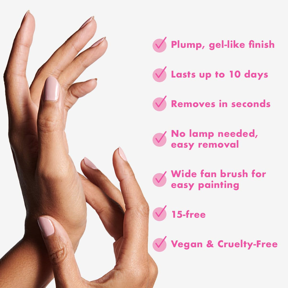 Olive & June polish paired with top coat demonstrating extra glossy chip resistance