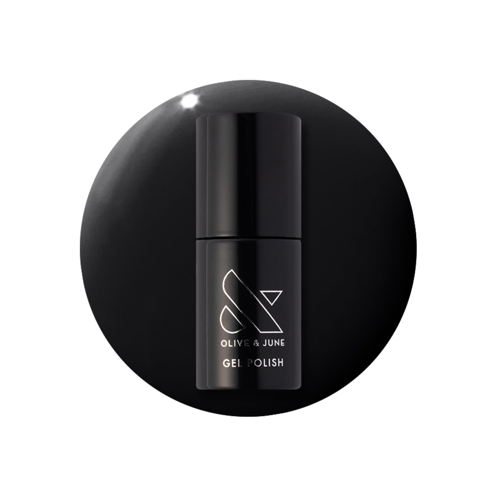 Olive & June front bottle showing E+M Inky Black with clear branding and polish benefit