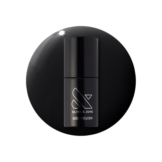 Olive & June front bottle showing E+M Inky Black with clear branding and polish benefit