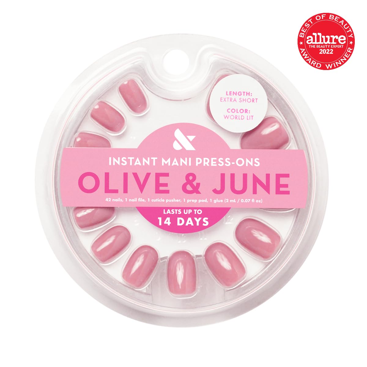 Olive & June mauve press-on close-up highlighting realistic polish finish and subtle sheen