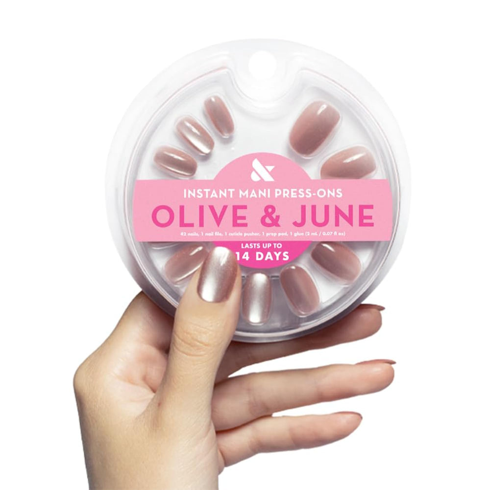 Olive & June front packaging showing nails and tools, clear salon-quality result