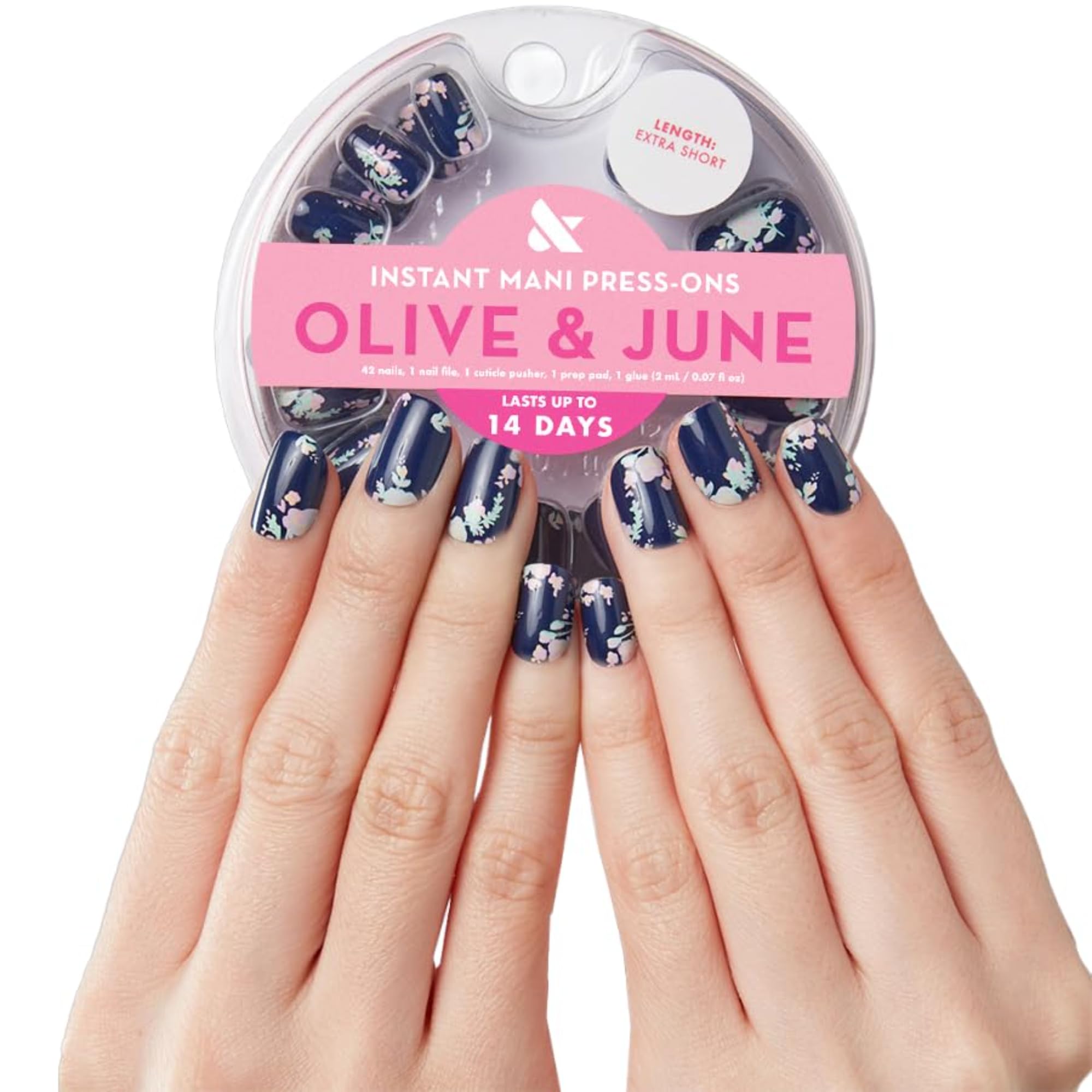 Olive & June front packaging showing press-ons and tools for salon-quality results