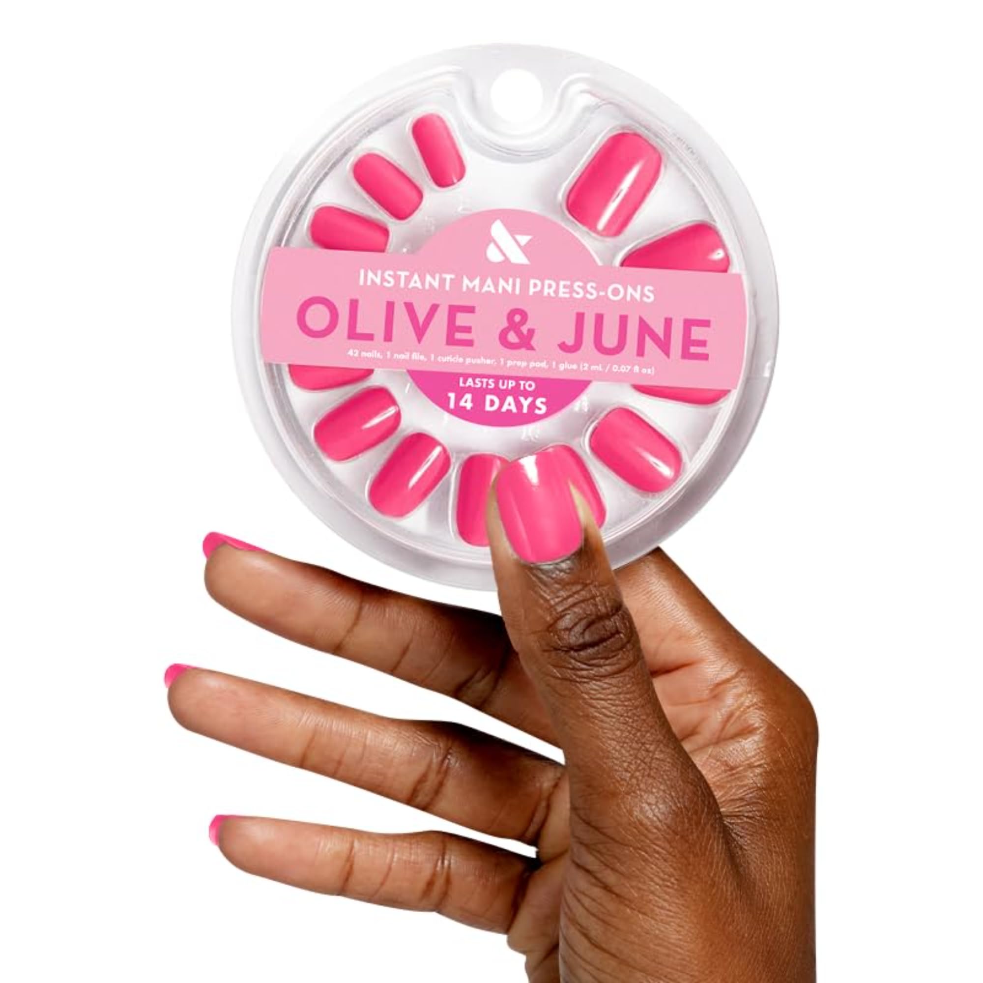 Olive & June front packaging showing Hot Strawberry press-ons and included toolkit for quick salon results