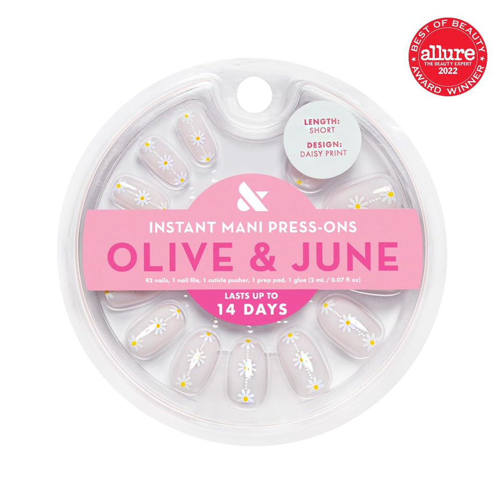 Olive & June display of 42 press-on nails arranged to show sizes and finish