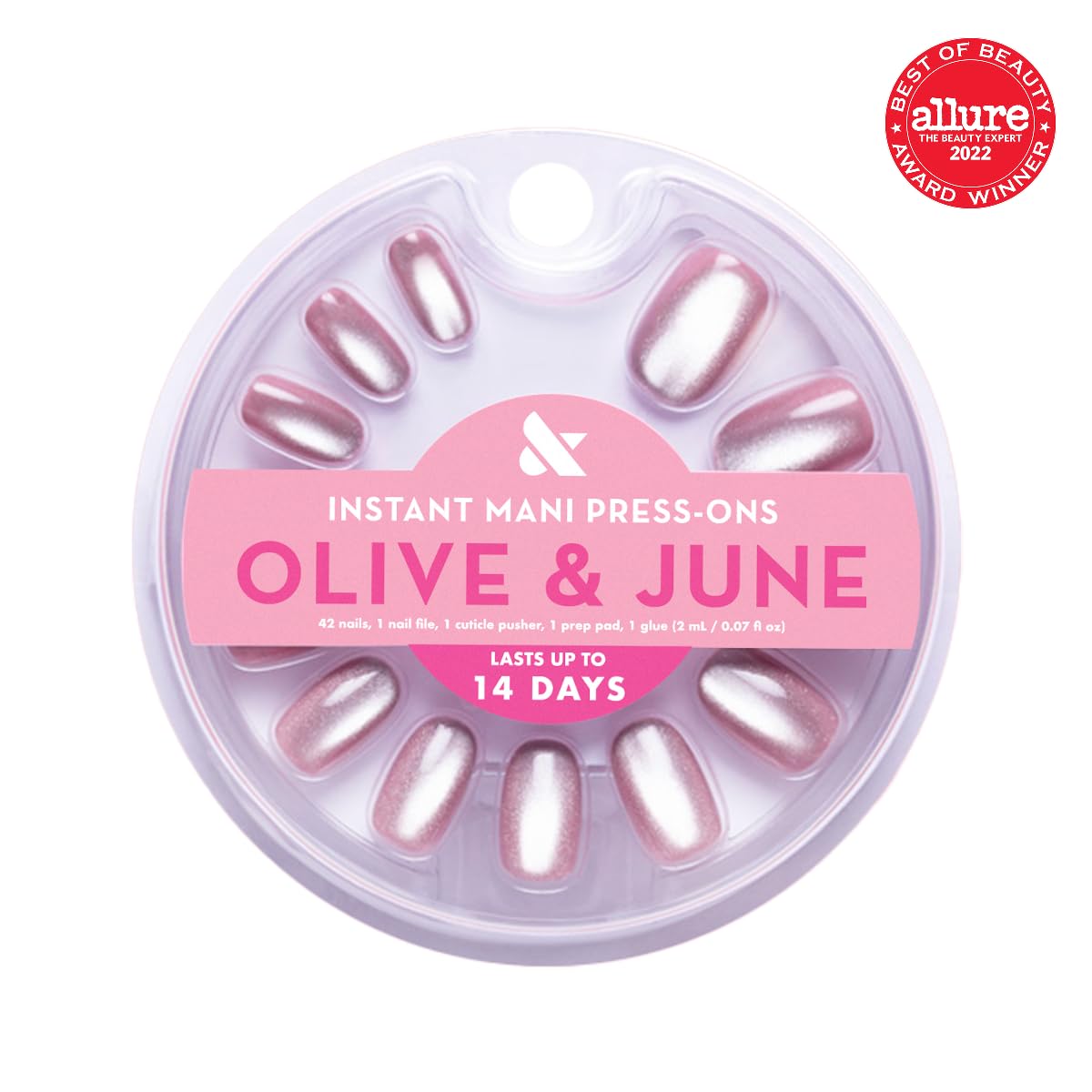 Olive & June array of 42 press-ons laid out to show 21 sizes benefit