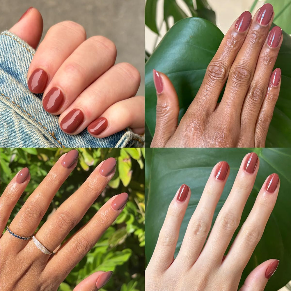 Manicure finished with Olive & June JJ Cinnamon Brown glossy topcoat for salon shine