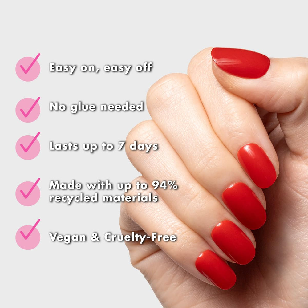 Olive & June close-up of nail surface showing glossy cherry-red finish