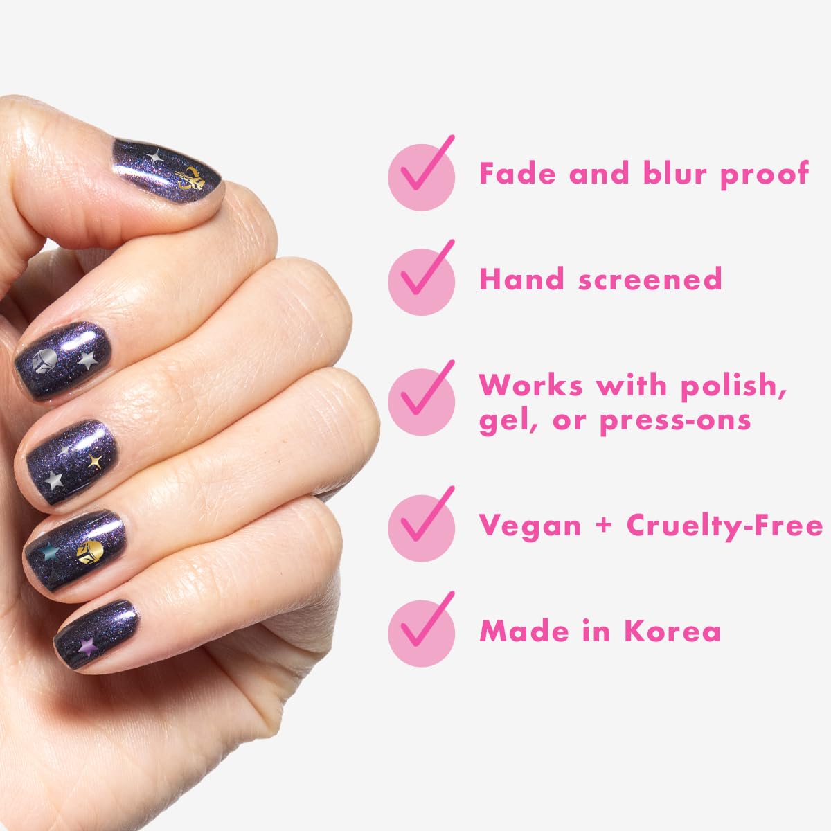 Olive & June sealed sticker under top coat showing durable glossy finish