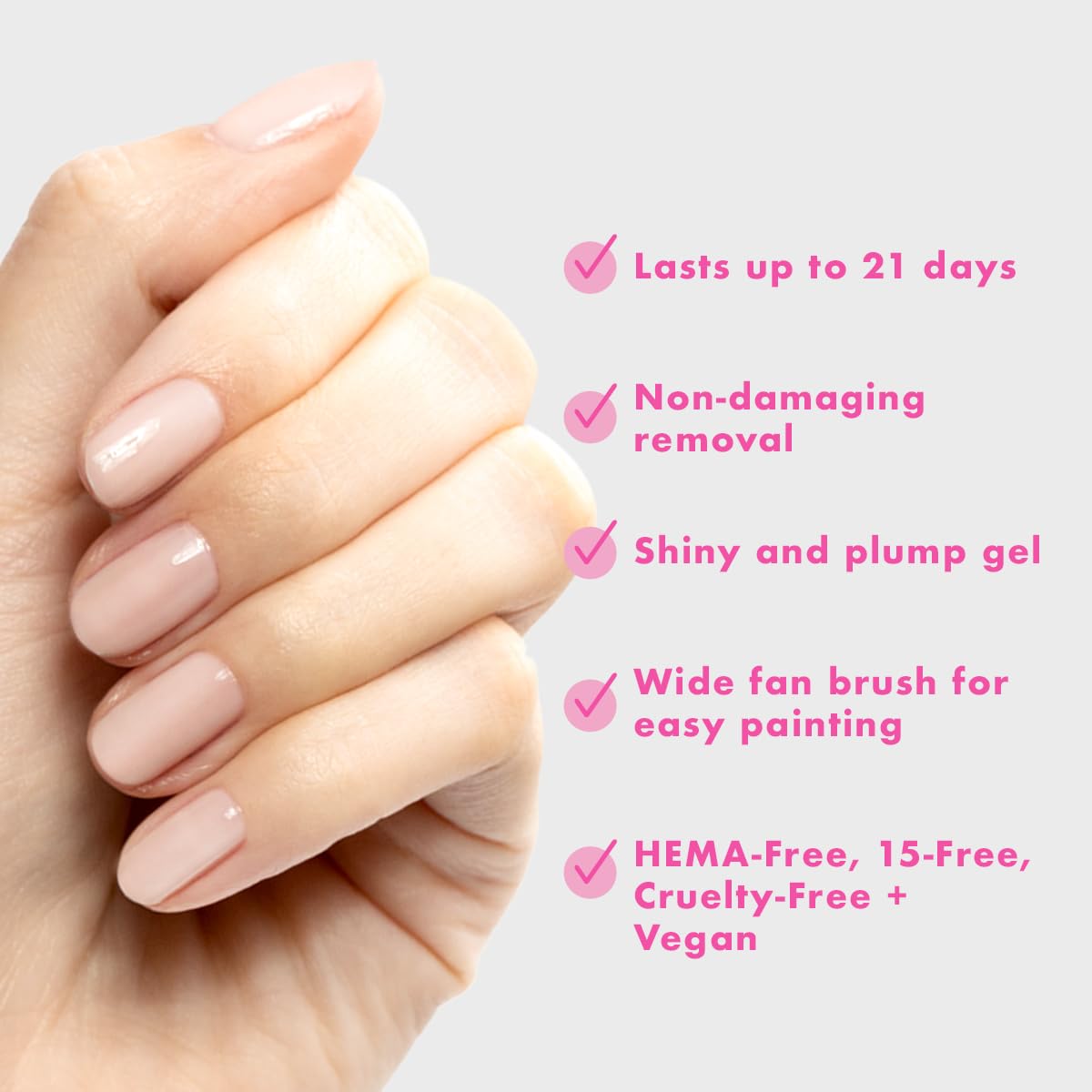 Hand wearing cured CCT Sheer Pink by Olive & June demonstrating long-lasting shine