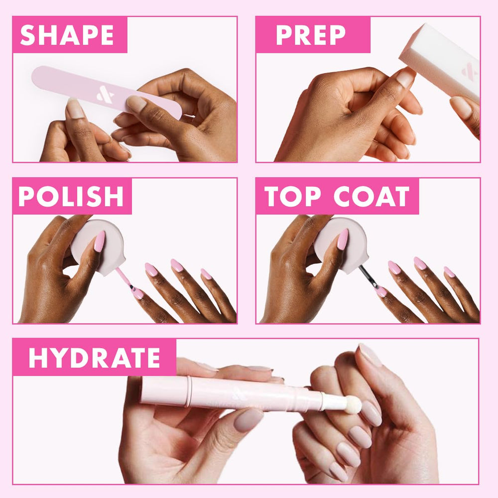 Hands with Olive & June manicure at a café, convenient salon-quality results