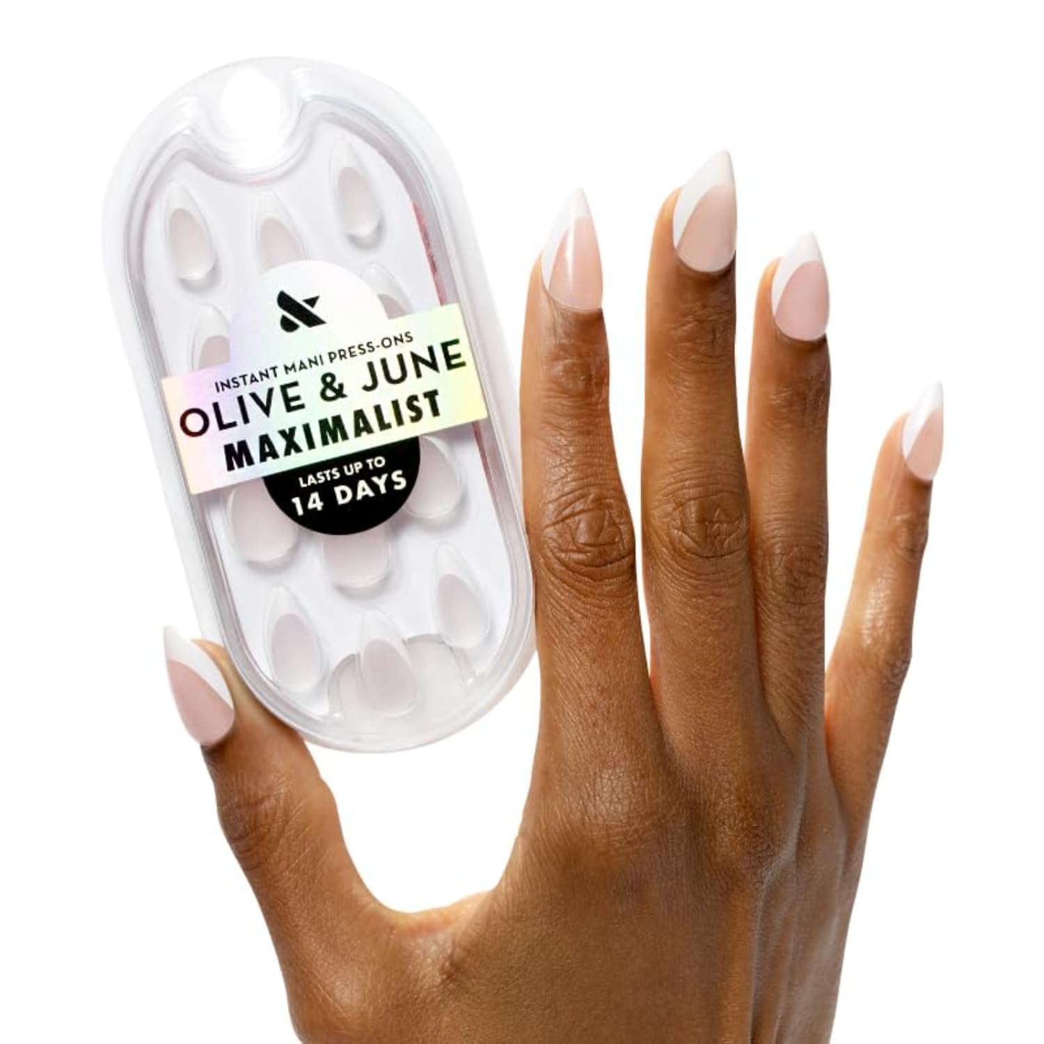 Olive & June front packaging showing full press-on kit and tools benefit: clear contents