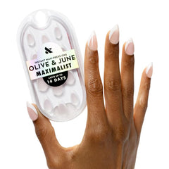 Olive & June front packaging showing full press-on kit and tools benefit: clear contents