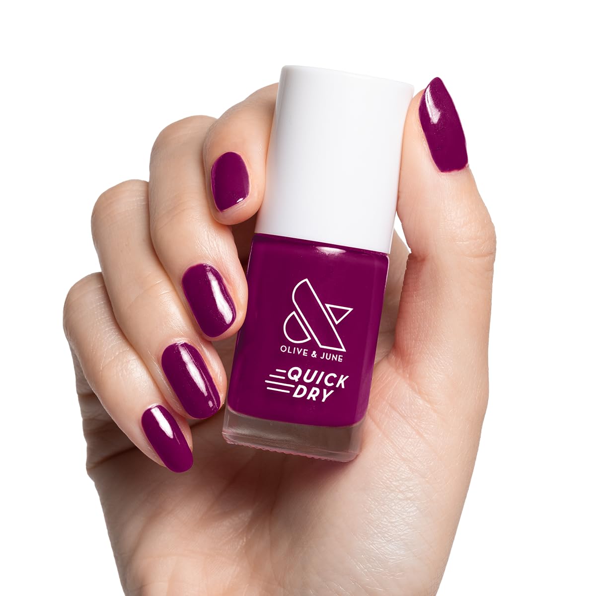 Olive & June front packaging showing Mulberry Maroon polish and benefit of quick dry