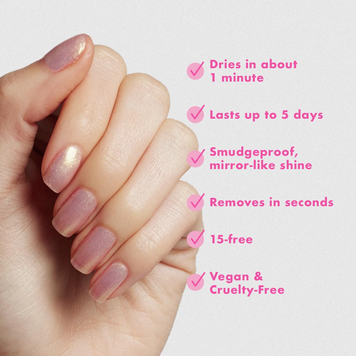 Olive & June nail application in hand demonstrating quick one-minute drying benefit