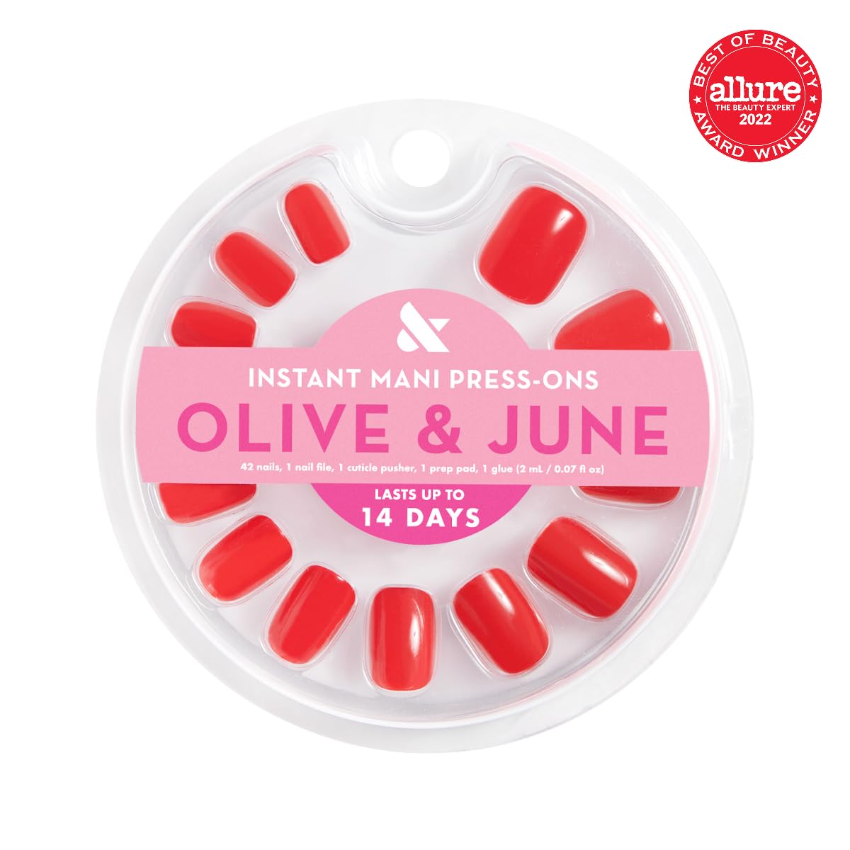 Olive & June close-up of squoval nail shape for natural look