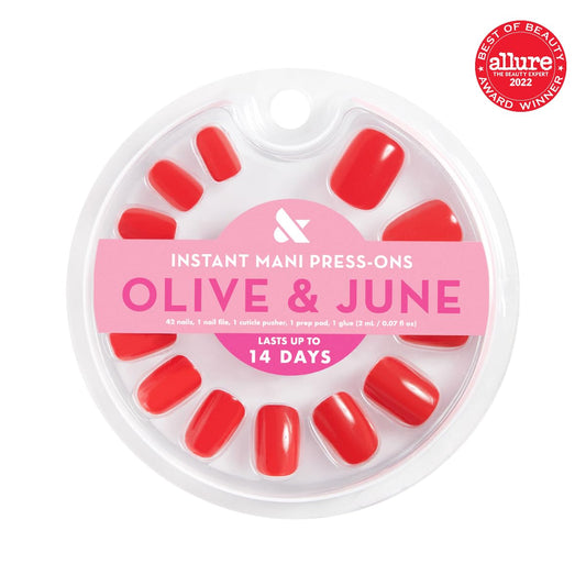 Olive & June close-up of squoval nail shape for natural look