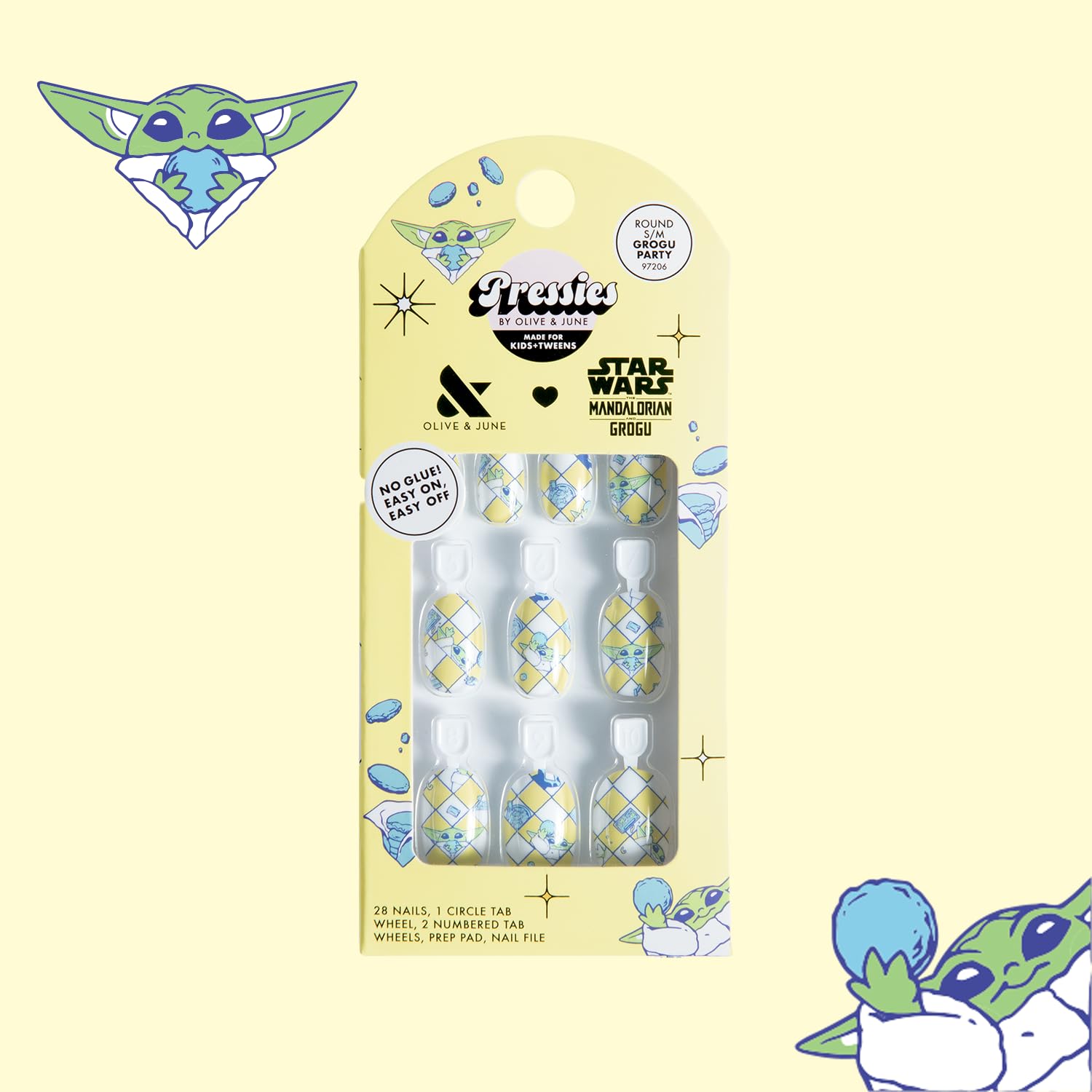 Olive & June close-up of Grogu nail artwork highlighting playful detail
