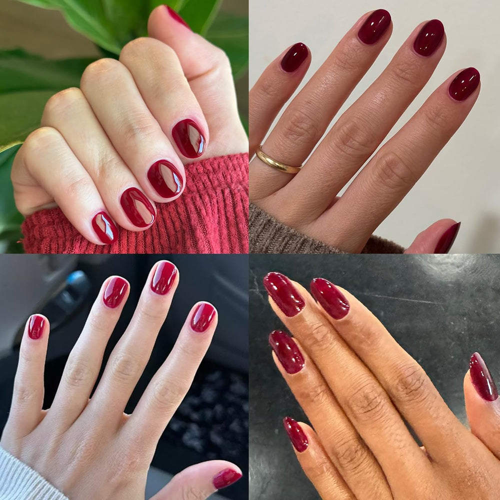 Olive & June LED lamp curing nails painted Obsessed Dark Ruby for durable wear