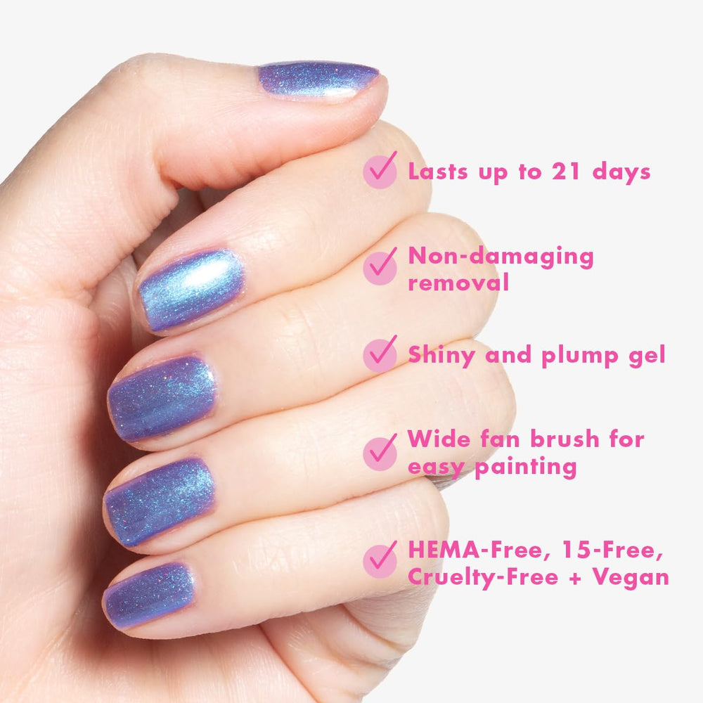 Hand model wearing Olive & June Sublight Shimmer showing glossy finish and long-wear benefit