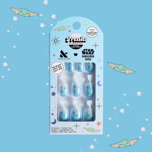 Olive & June close-up of Grogu nail art details highlighting playful design and color