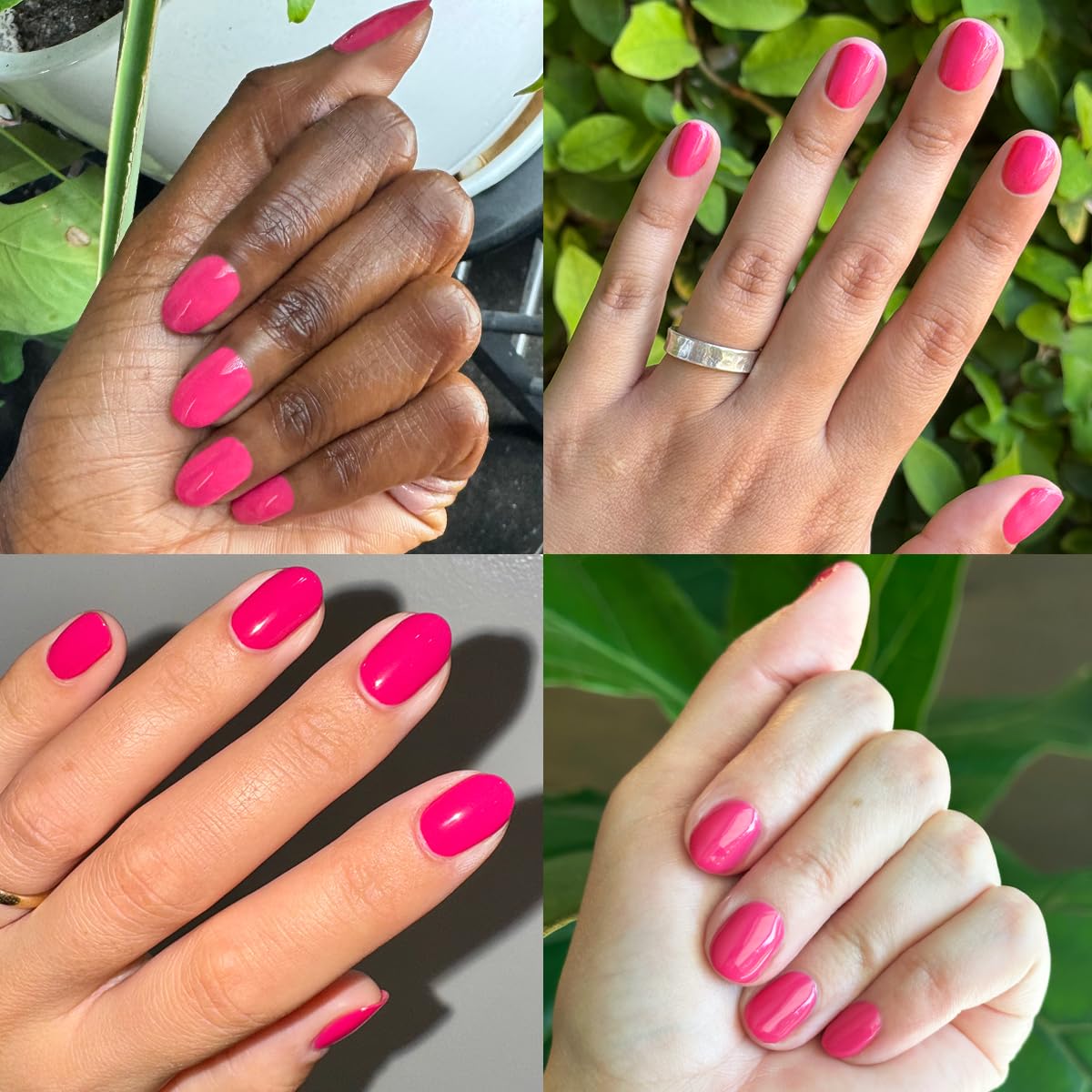 Olive & June manicure on hand in XOXO Hot Pink showing salon-quality shine