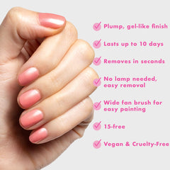 Olive & June applying polish on a nail illustrating even strokes and neat edges