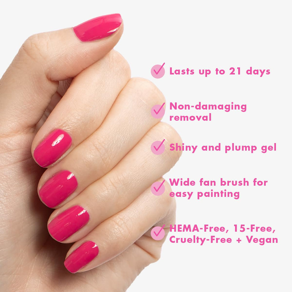 Olive & June pedicure toes painted XOXO Hot Pink illustrating long-lasting wear
