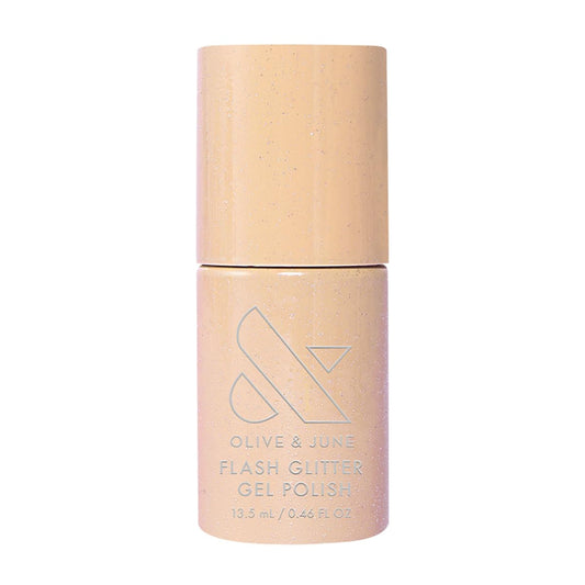 Olive & June front packaging showing gold glitter polish and benefits
