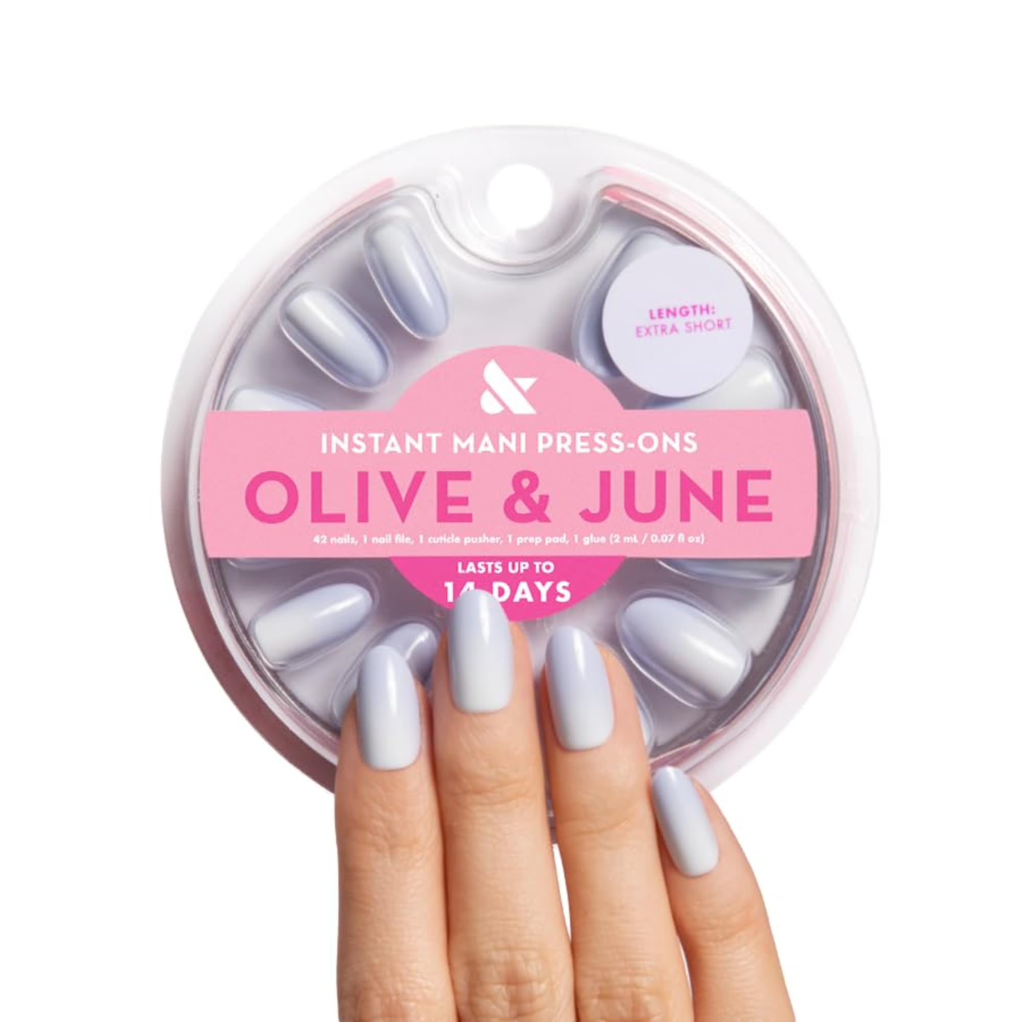 Olive & June front packaging showing almond BP Ombre nails and eco materials benefit